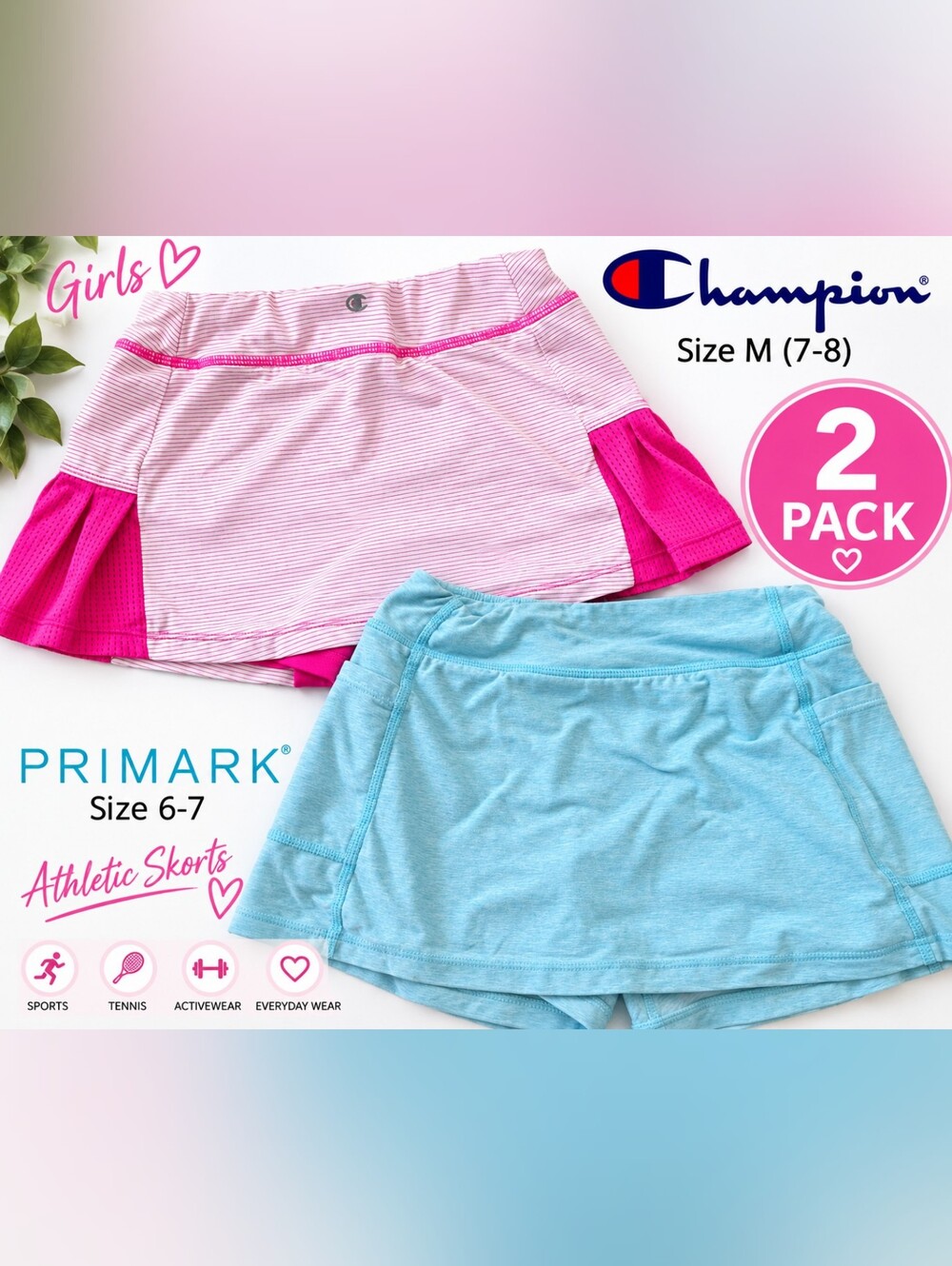 Primark Girls' Skort Duo - Hot Pink & Light Blue
